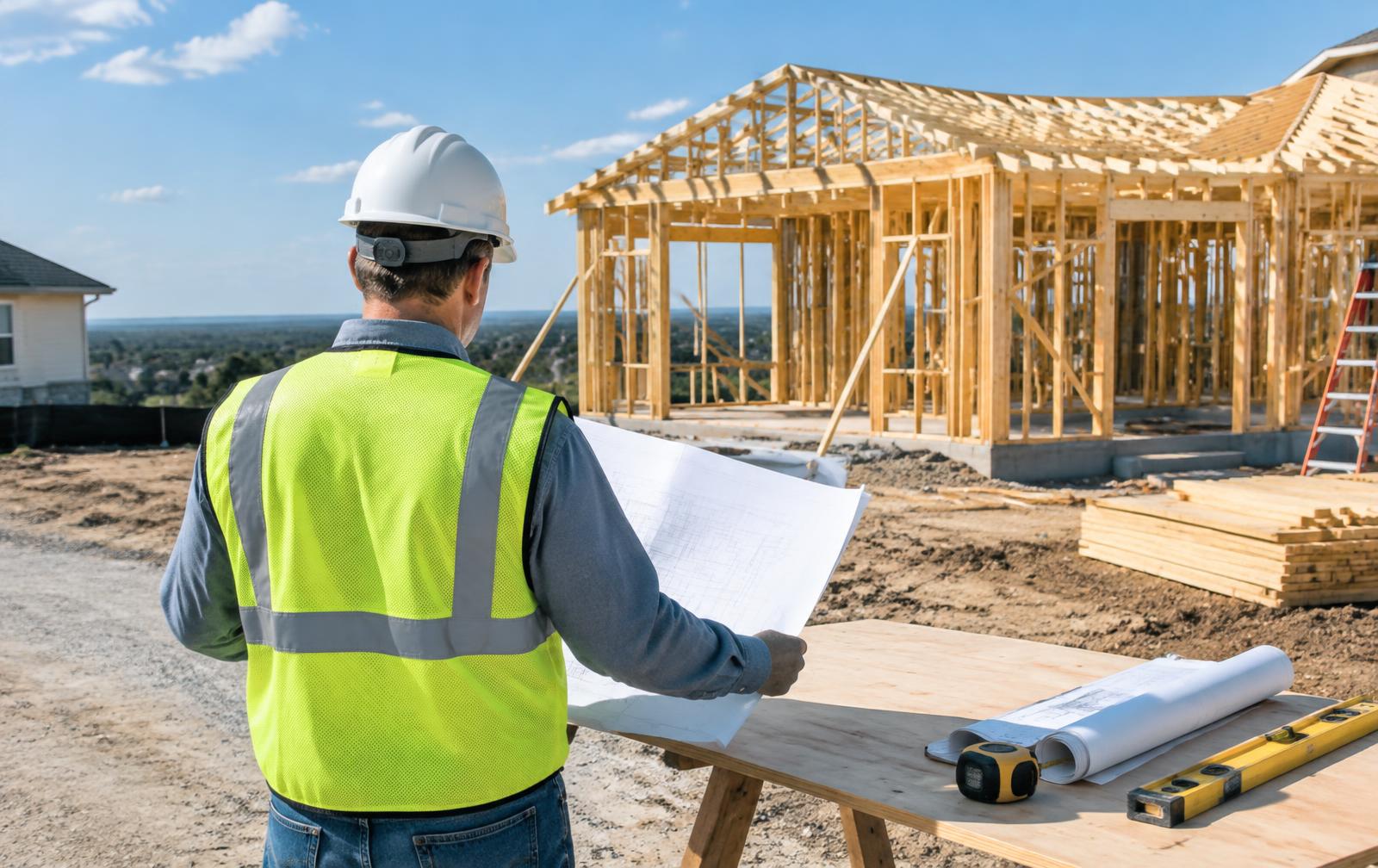 Building inspector reviewing construction plans at a Central Texas home site