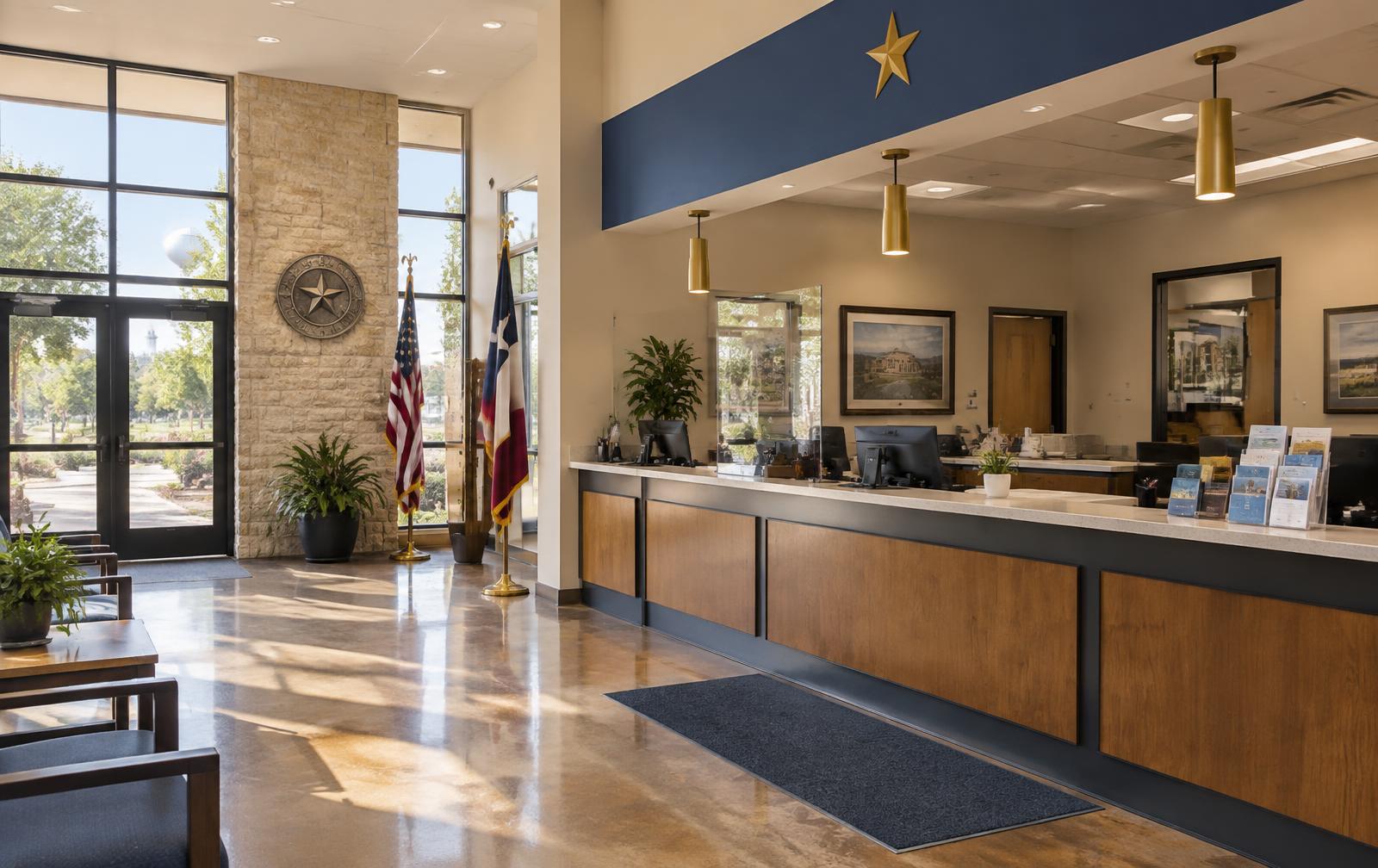 Welcoming municipal service counter in a Central Texas civic building