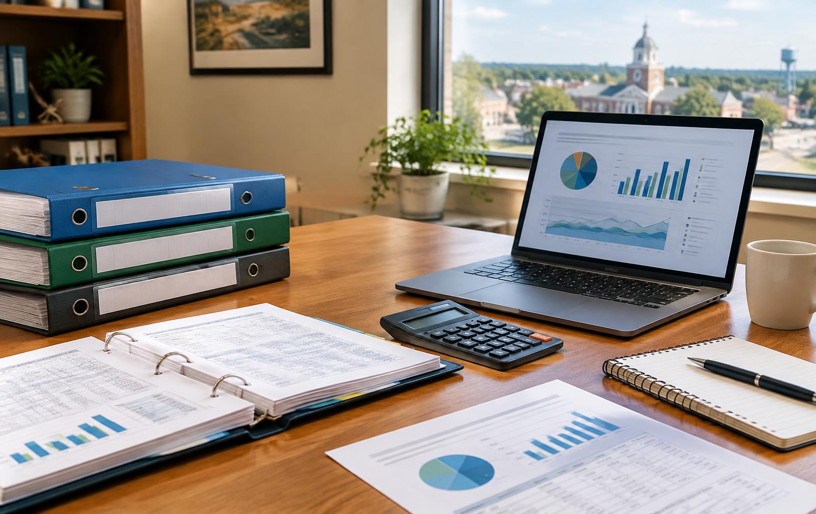 Municipal finance workspace with budget binders, reports, calculator, and charts