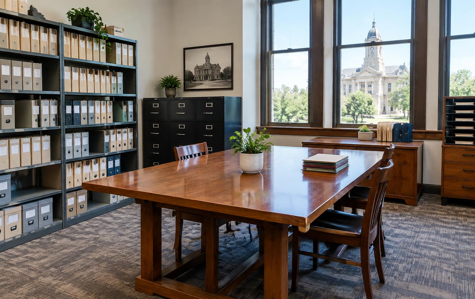 Organized municipal records room with archival shelves and a public research table