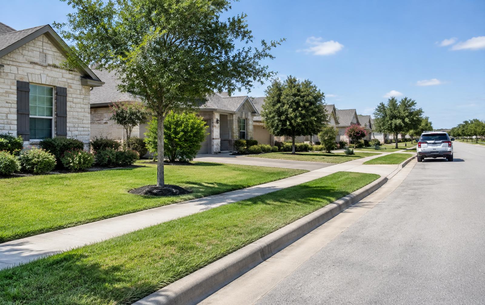 Clean Central Texas residential street with maintained homes, lawns, and sidewalks