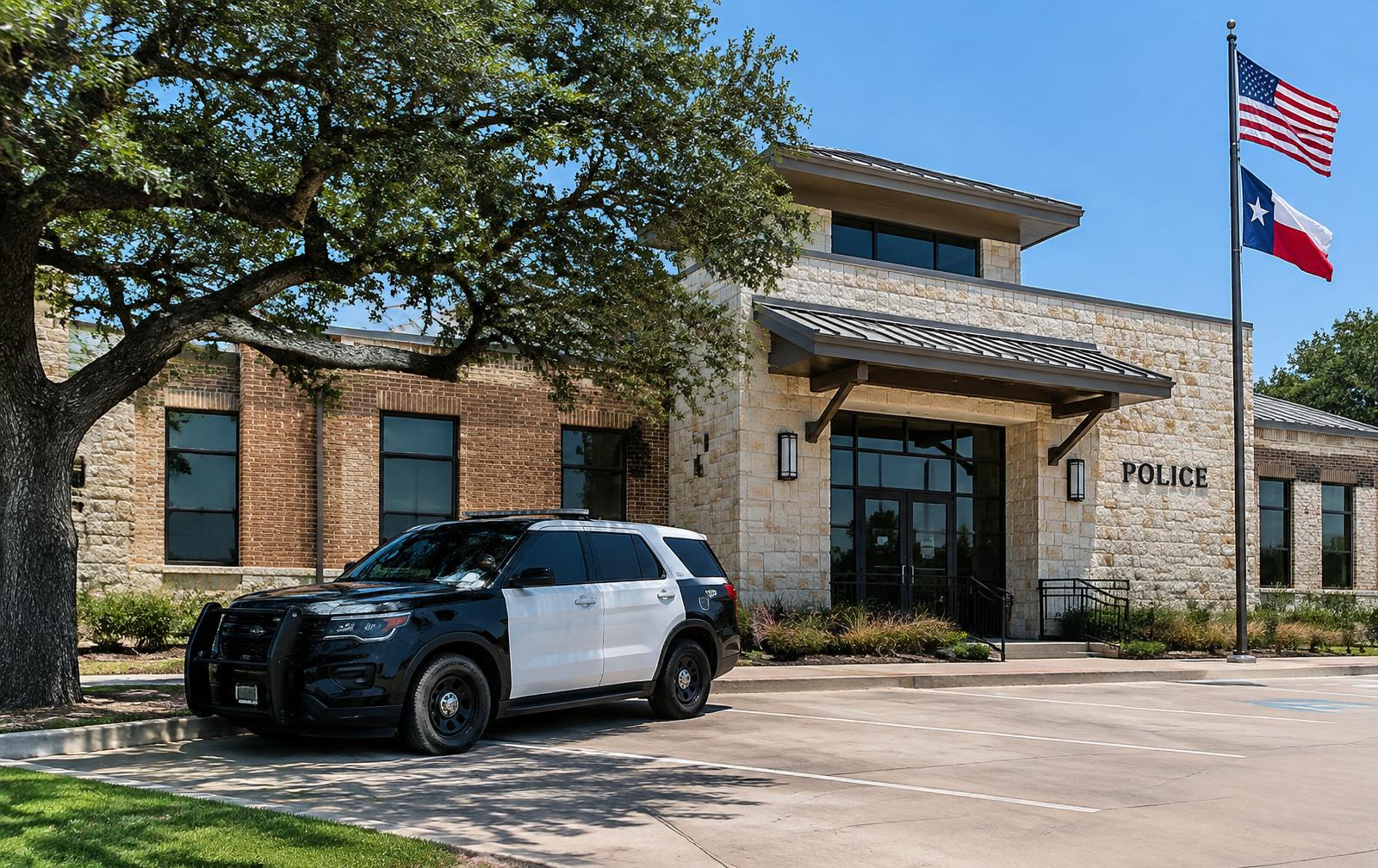 Small-town Central Texas police station with a patrol vehicle beneath live oak trees