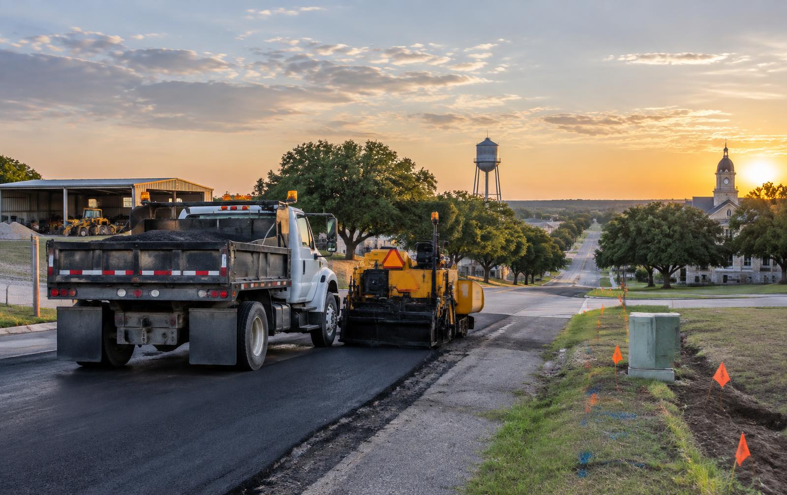 Road maintenance equipment working on a Central Texas town street