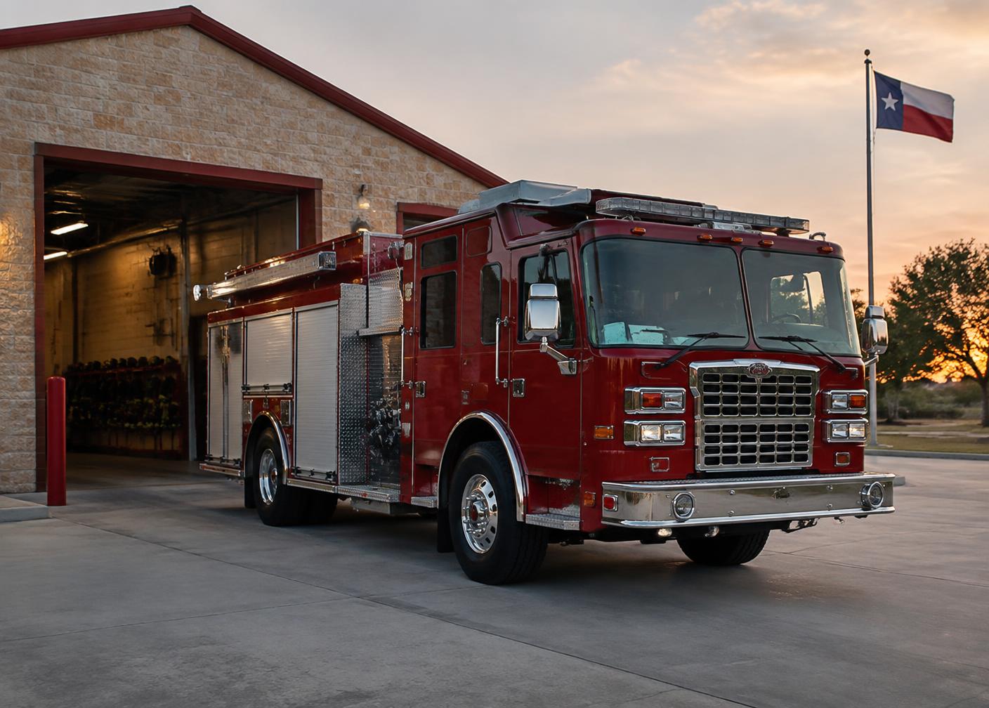 Volunteer fire engine outside a small-town fire station