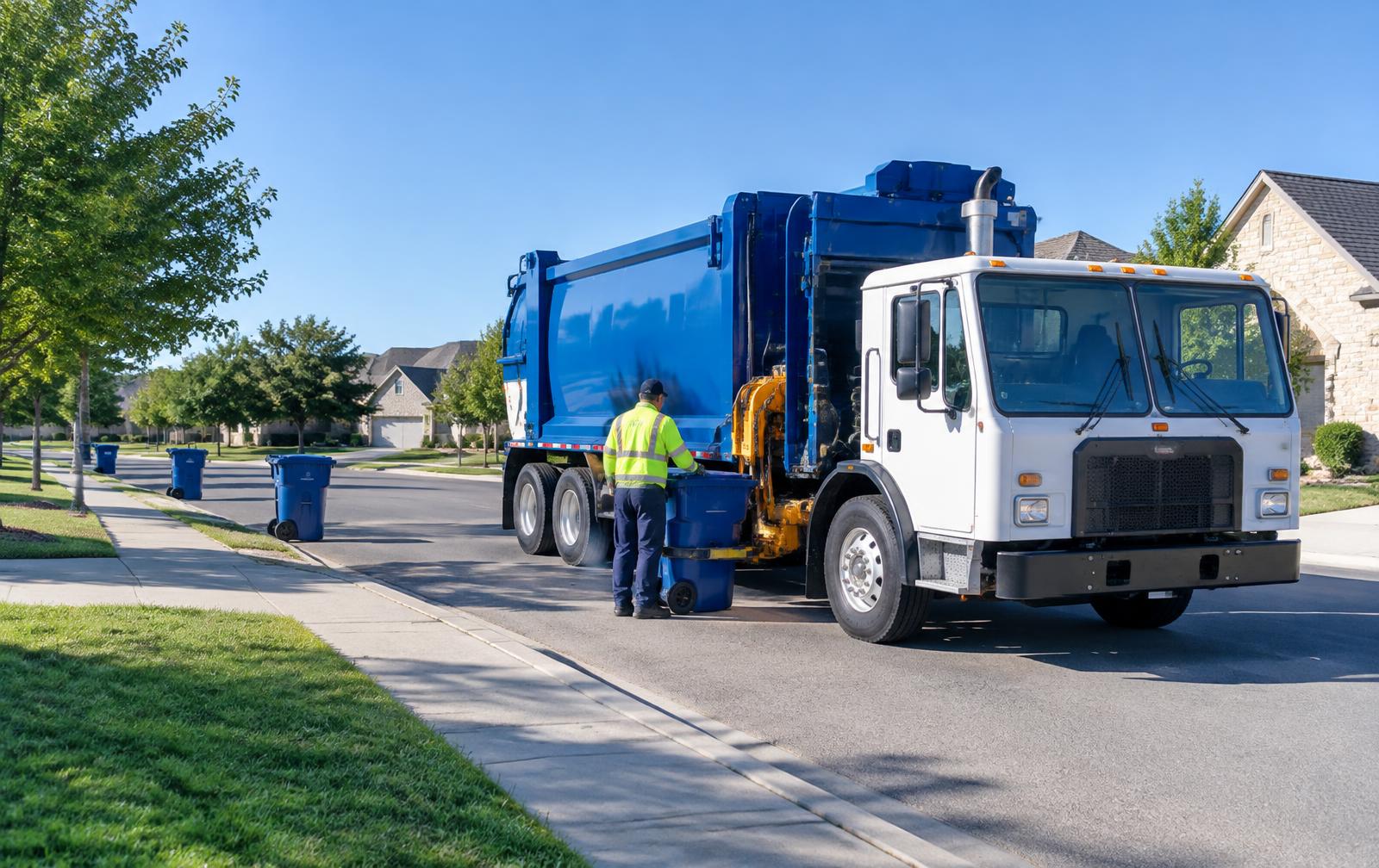 Municipal sanitation crew collecting recycling carts on a neighborhood street